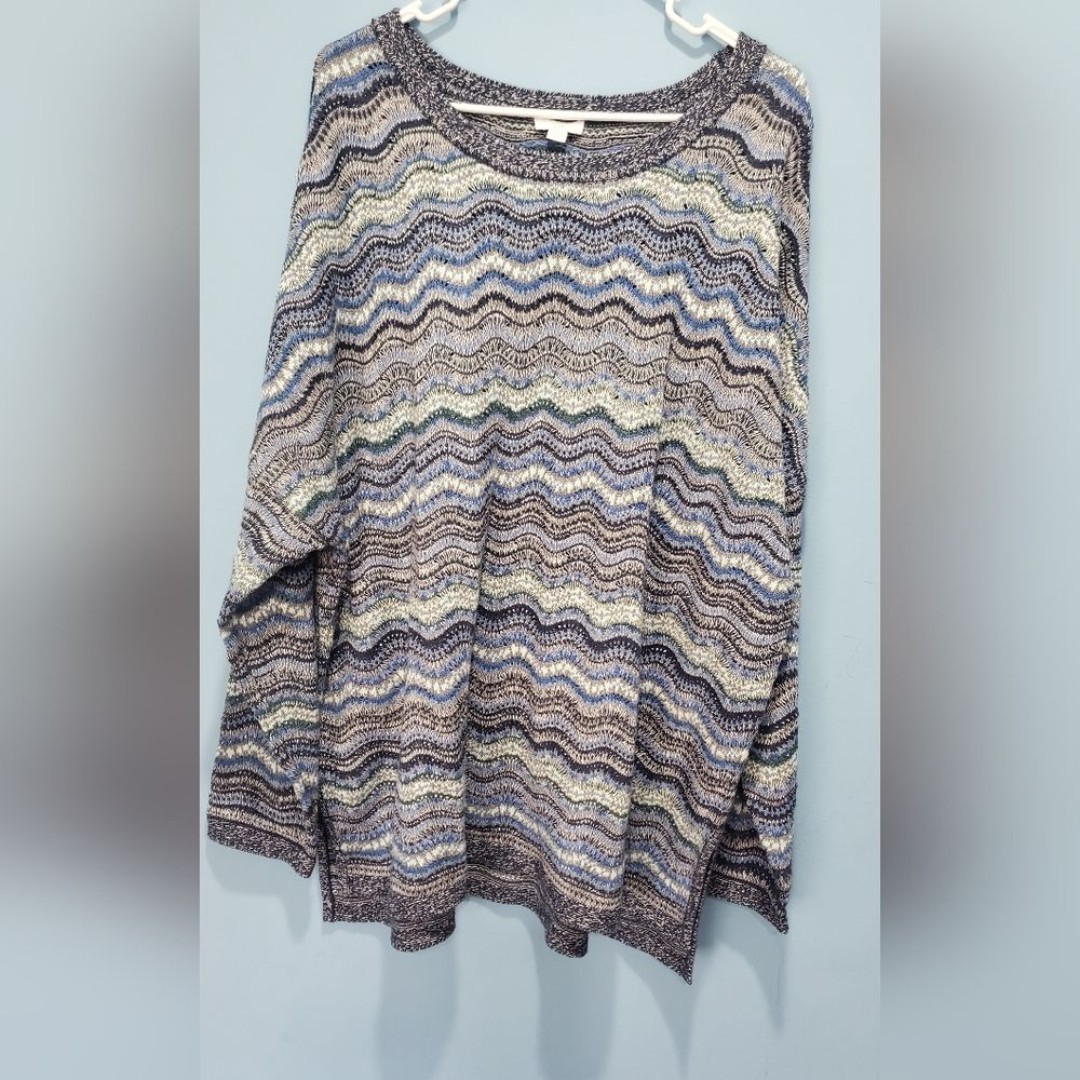 J. Jill Chevron Knit Sweater Women’s Size 3X Crew Neck Side Slit Pullover Boho
