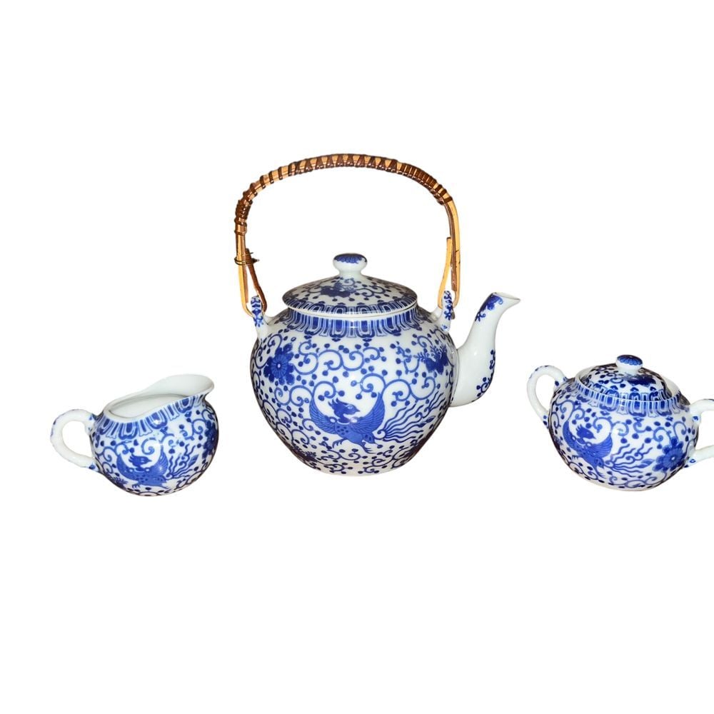 Vintage Noritake Blue & White Phoenix Bird Porcelain Tea Set with Bamboo Handle
