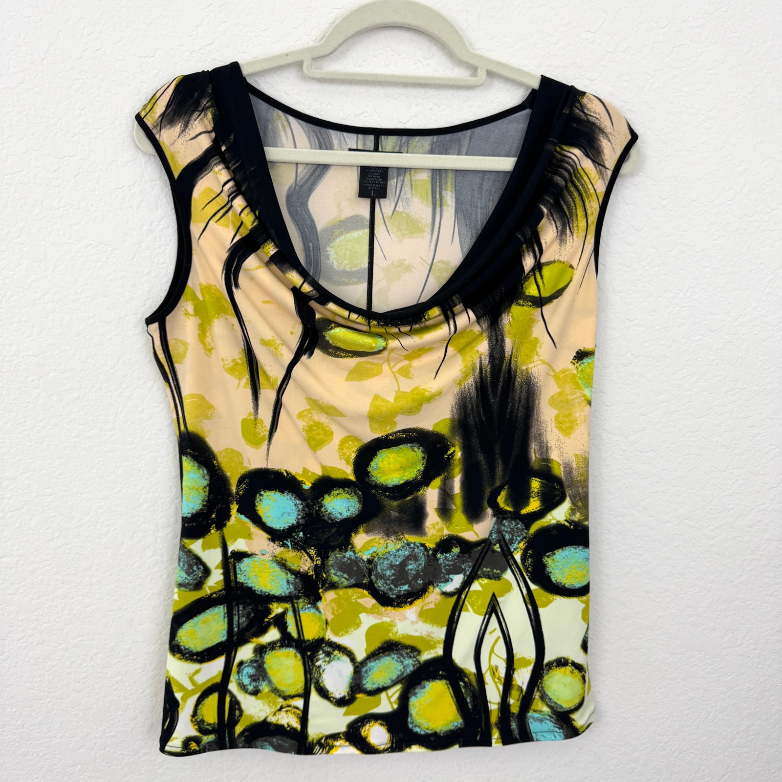 Eva Varro Womens Sleeveless Tank Top Blouse Size L Slinky Artsy Gro Print Yellow