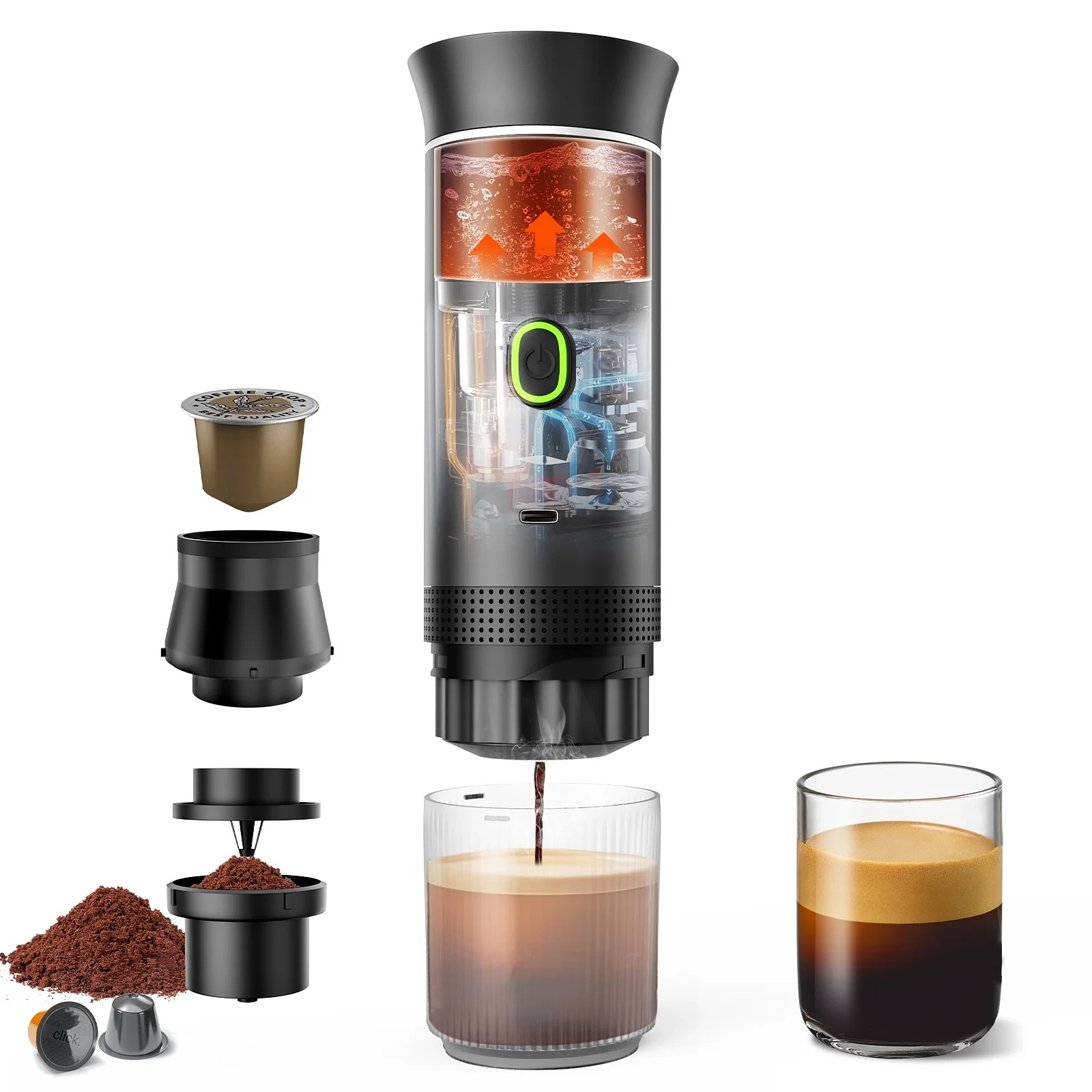 150ML 3-in-1 Portable Electric Espresso Machine, Capsule Coffee Maker, Self-heat