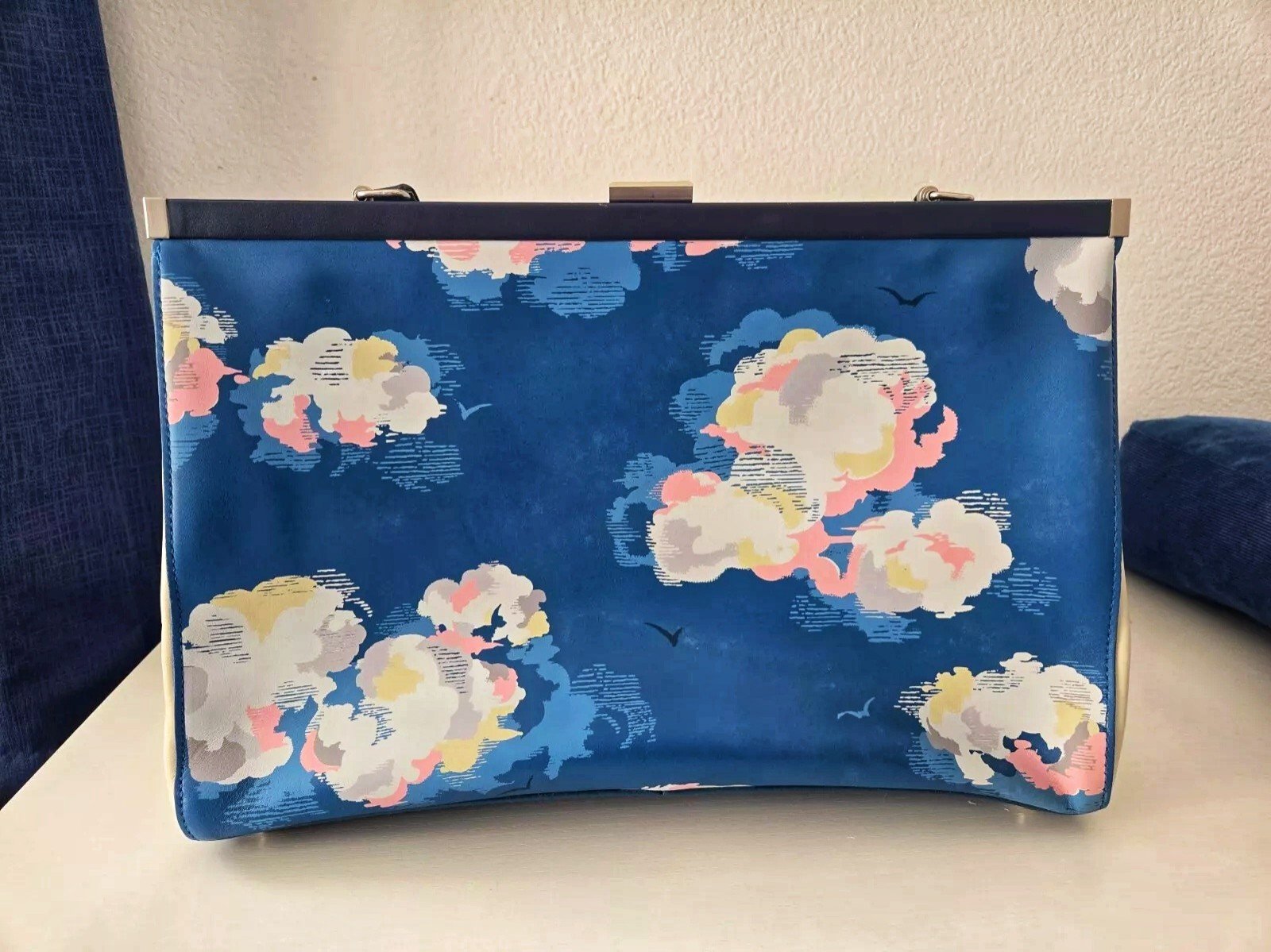 Cath Kidston 100% leather hand bag women blue cloud pattern