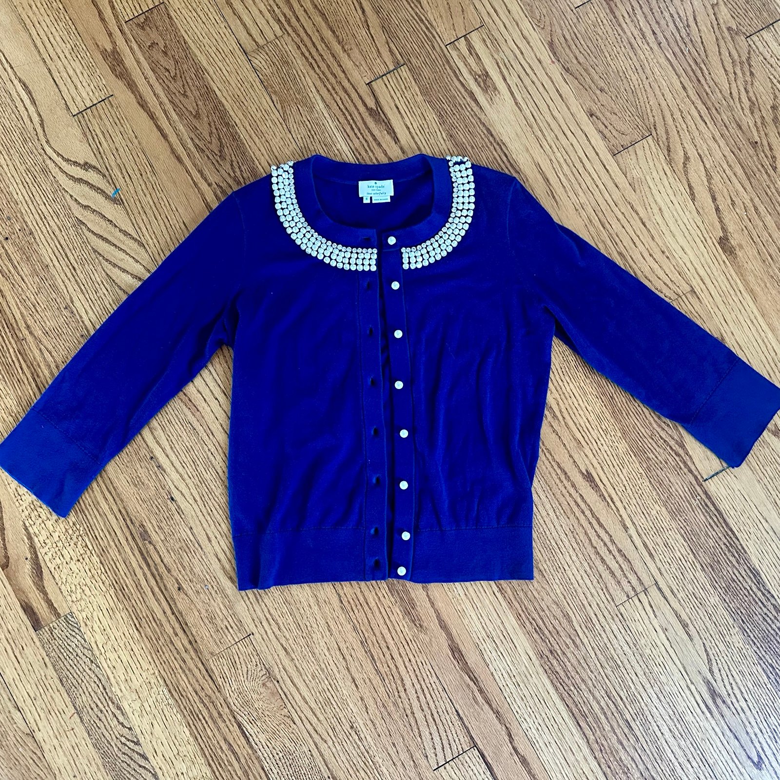 Kate Spade Live Colorfully Navy Blue Crystal & Pearl Sweater Size Small