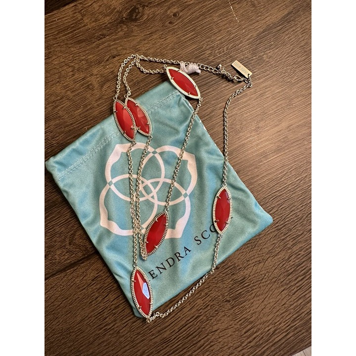 Kendra Scott Tory Marquis Station Long Necklace Gold Translucent Red Stones