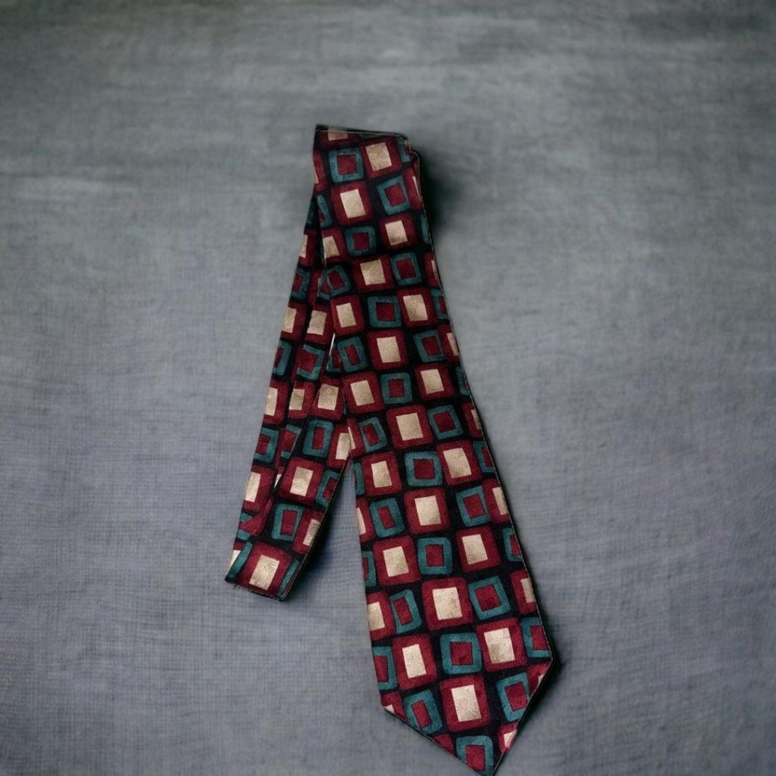 Pierre Cardin Vintage All Silk Tie Maroon with Black White & Silver Squares