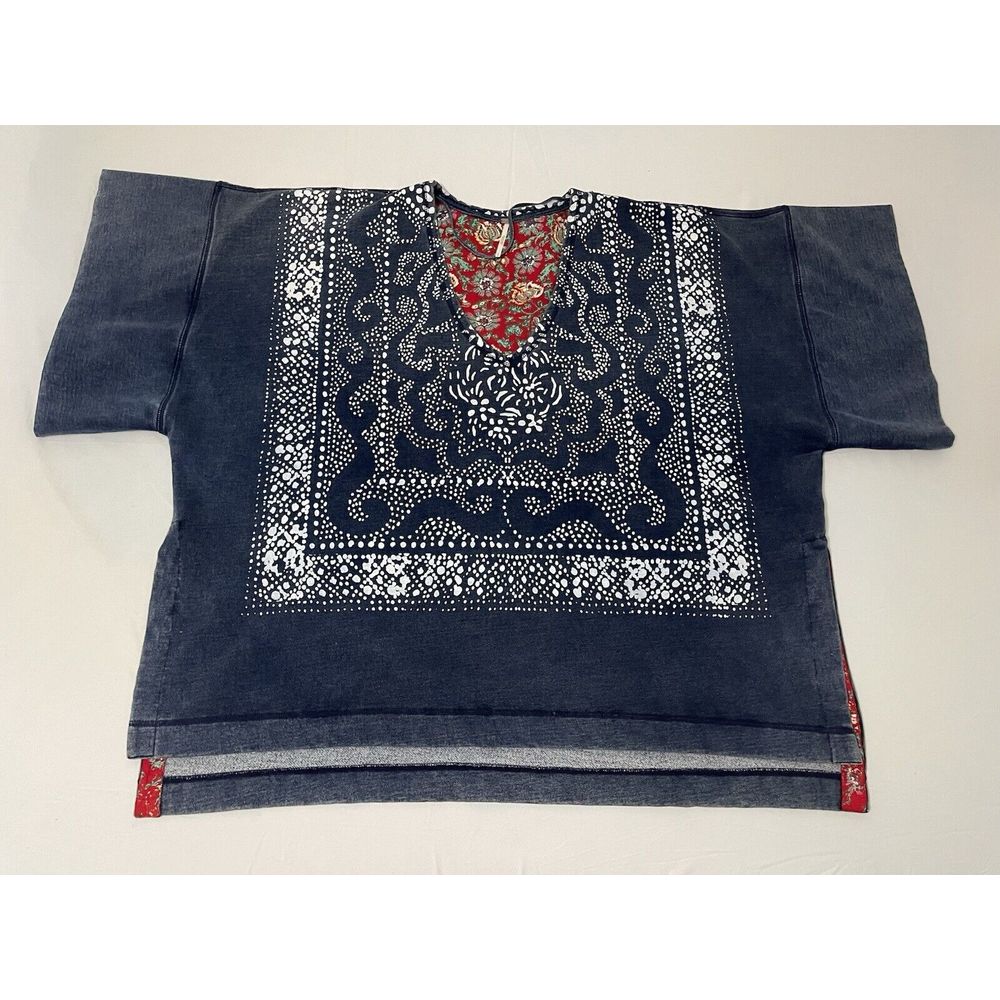 Free People On The Block Poncho Denim Paisley Bandana Contrast Hem Blue S
