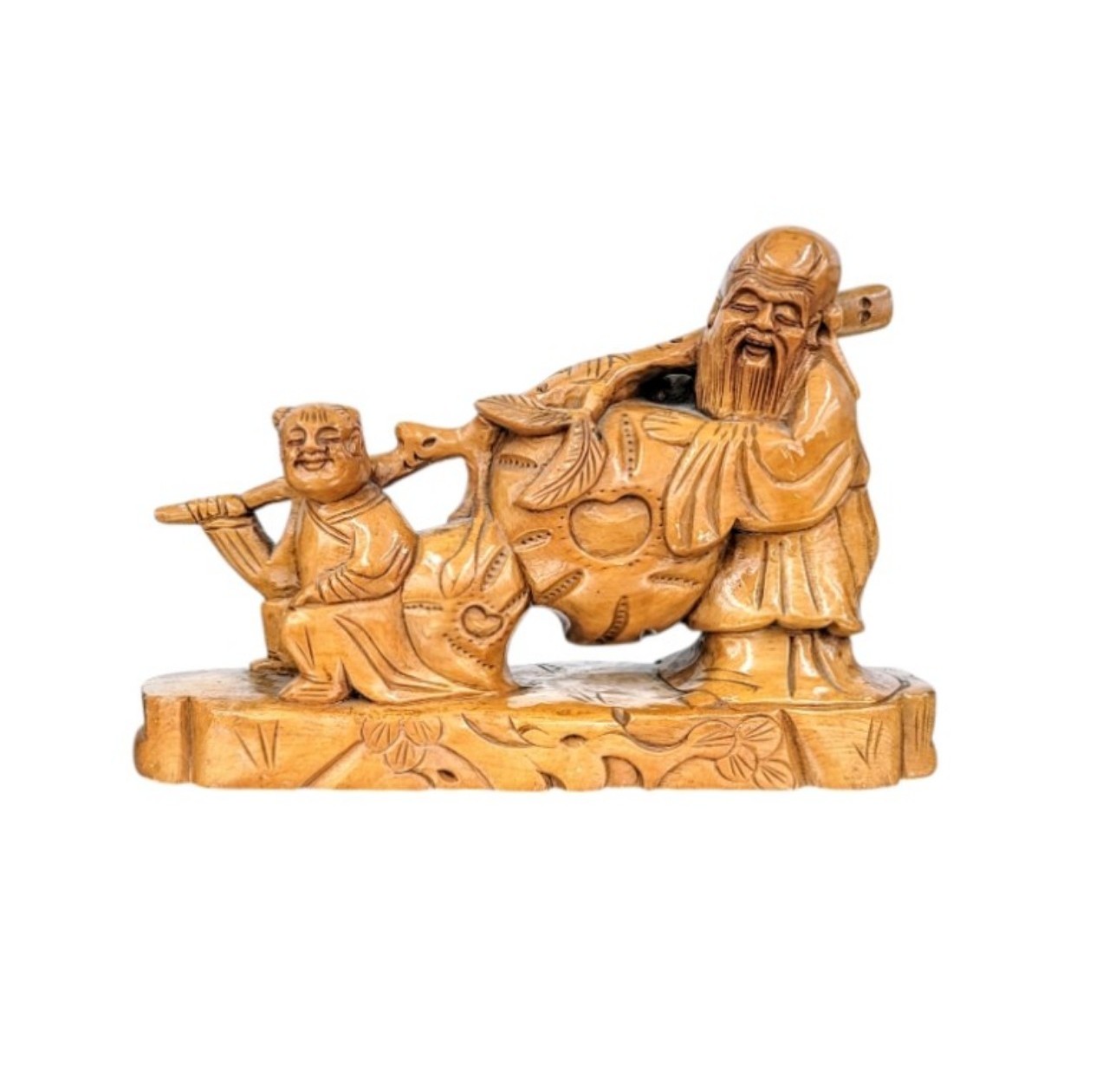 Vintage Chinese Boxwood Carved Man & Boy Carrying a Branch in Nature Large 10x7