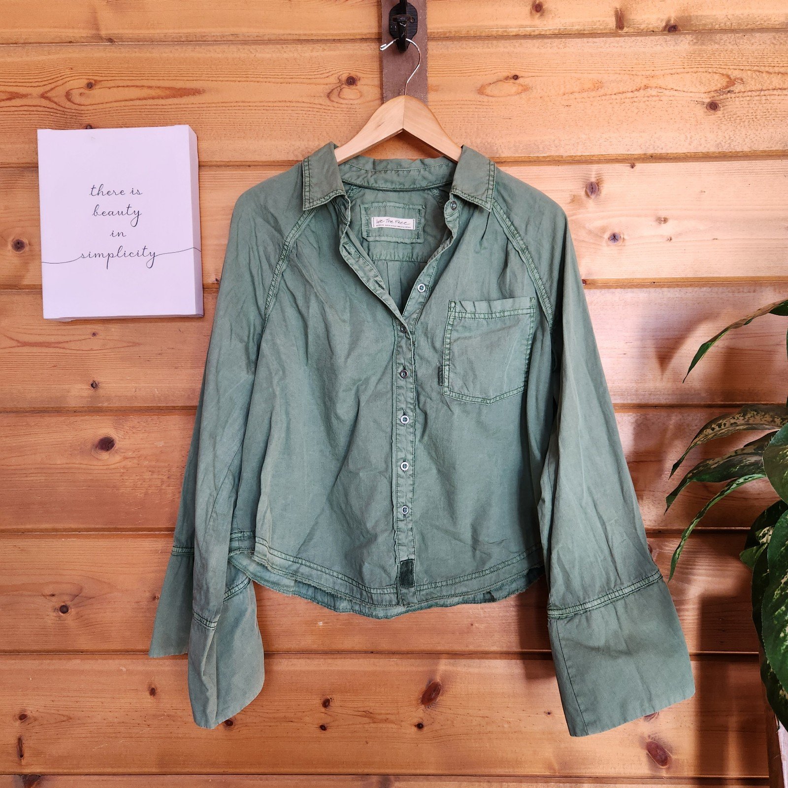 We The Free People Milano Bell Flare Sleeve Blouse Boho Utility Pleated Top Sz M