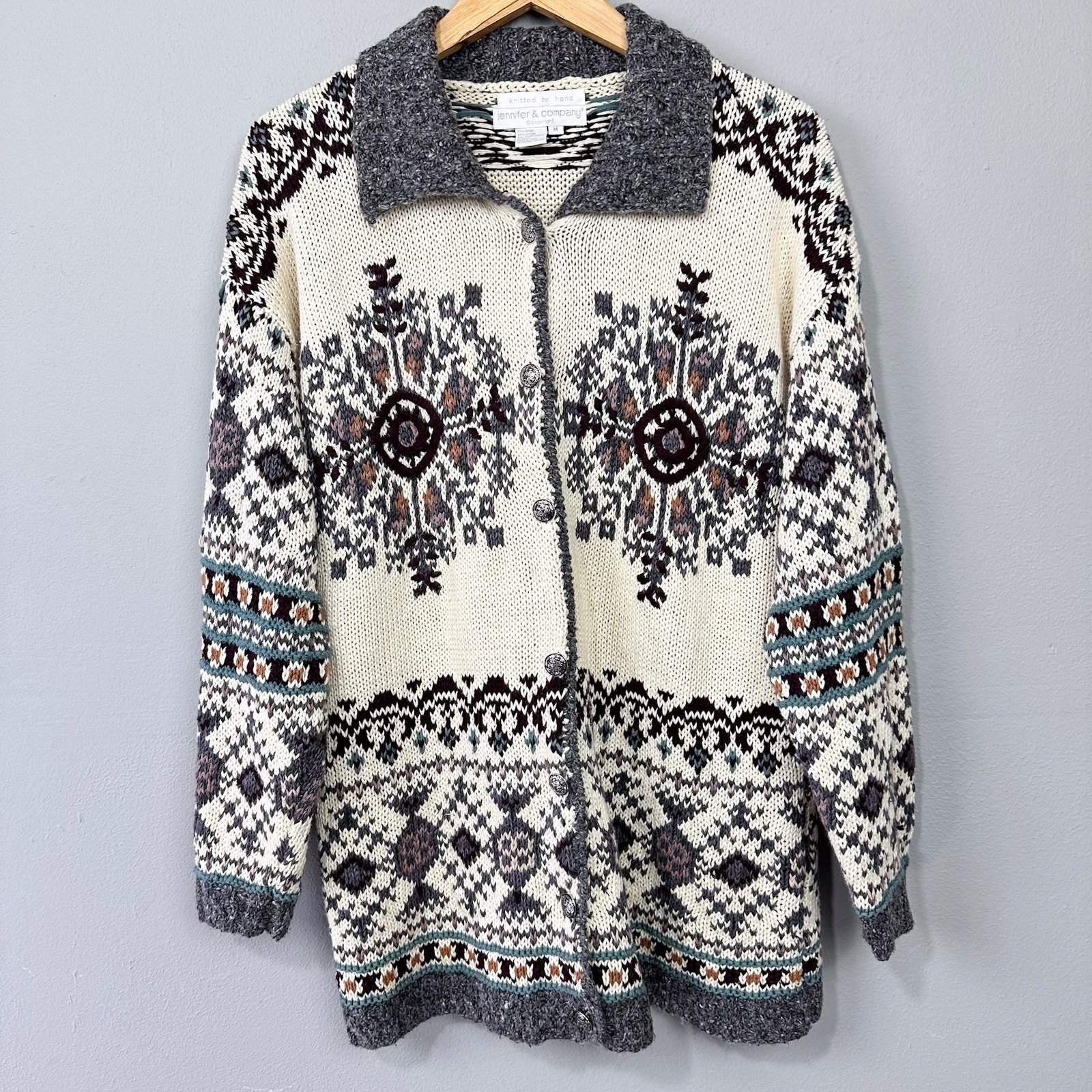 Vintage Jennifer & Co Chunky Hand Knitted Cardigan Size M Nordic Southwestern