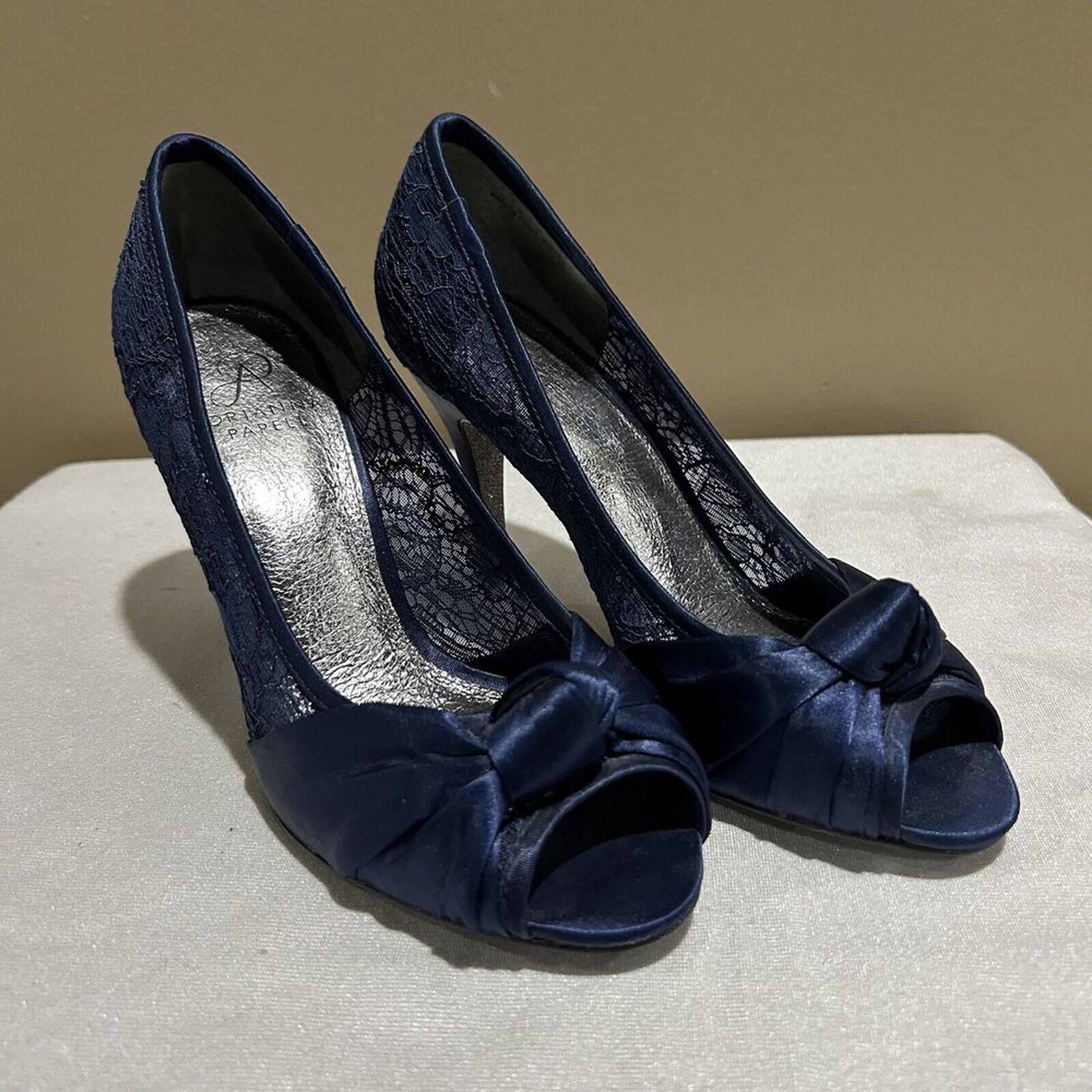 Adrianna Papell Indigo Blue Heels Womens Size 7 leather Sock Peep Toe Shoes