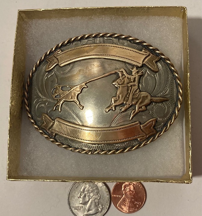 Vintage Metal Belt Buckle, Nickel Silver and Brass, Cow Roping, Wrangling