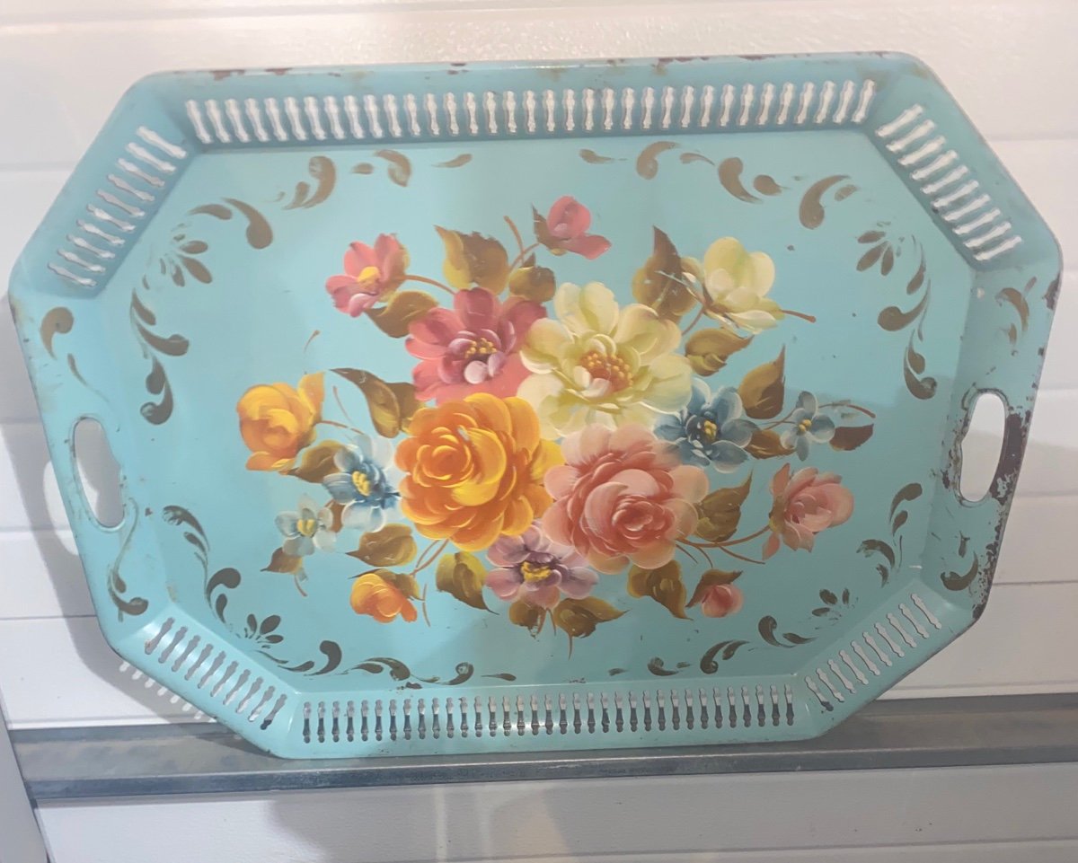 Toleware Tray Metal Serving Tray Hand painted Tole Tray 1940s