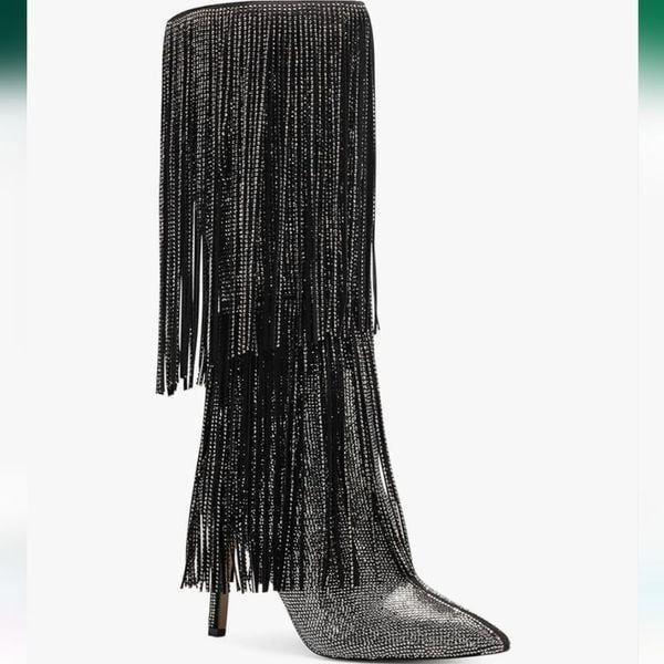 I.N.C. size 6 Ishani Black Rhinestone Studded Fringe Boot, NEW