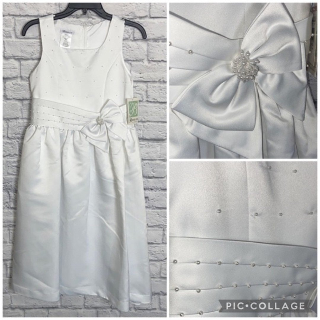 Bonnie Jean Girl's White Pearl and Bow Layered Formal Dress size 12 1/2