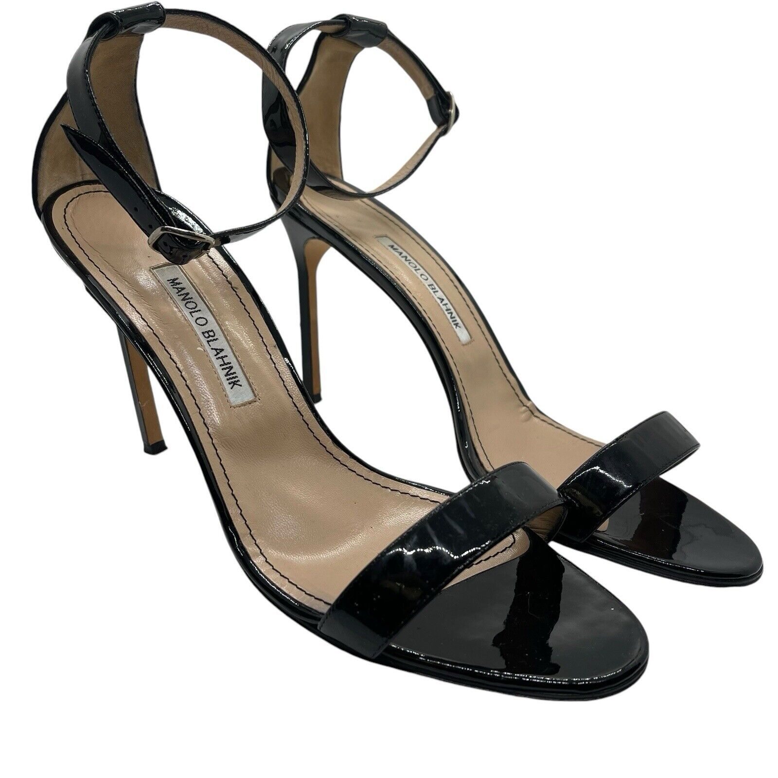 Manolo Blahnik EUR 42 US 12 Strappy Heels Black Patent Leather Open Toe