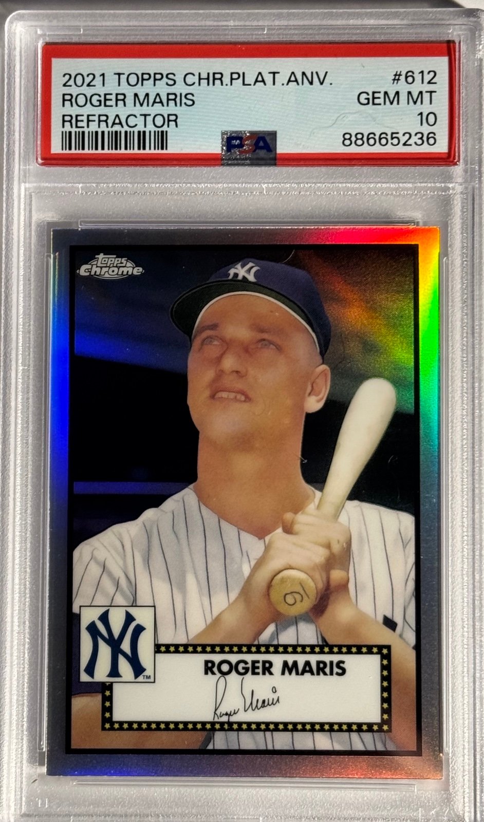 2021 TOPPS CHROME PLATINUM ANNIVERSARY #612 ROGER MARIS REFRACTOR PSA 10