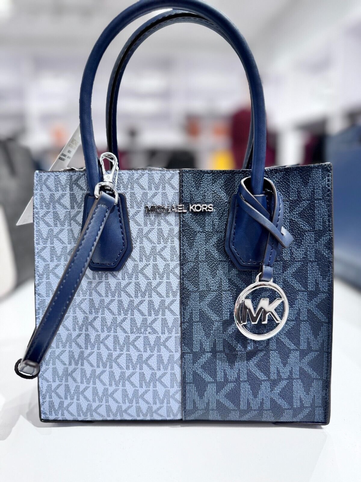 Michael Kors Mercer Medium Messenger Crossbody Bag MK Logo Signature Navy Multi