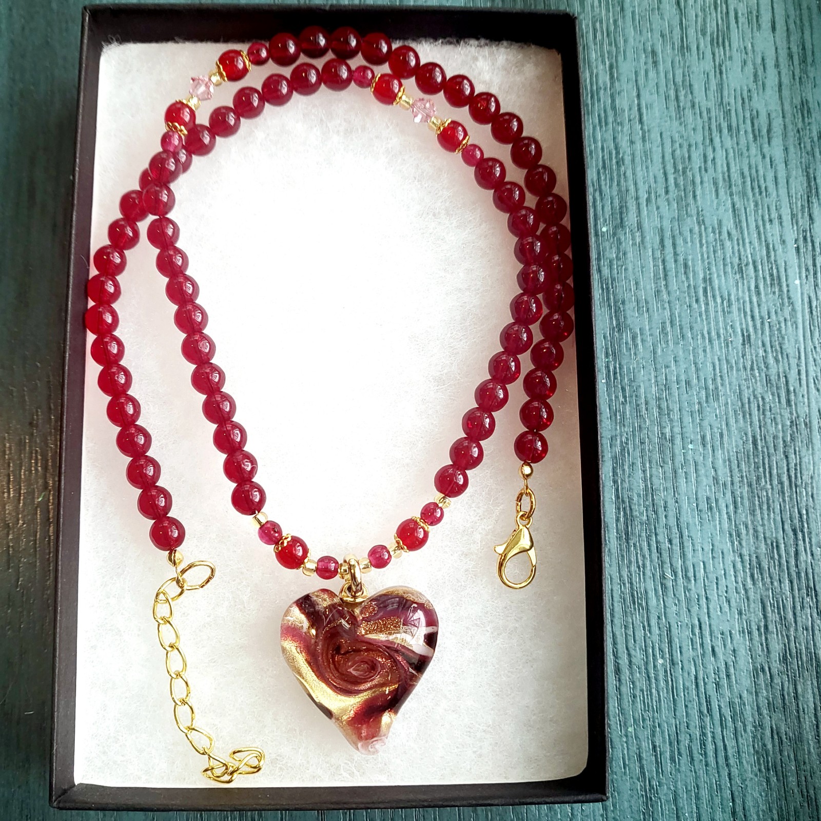 New UNO ALLA VOLTA Authentic Venetian Murano Glass red gold rose heart necklace