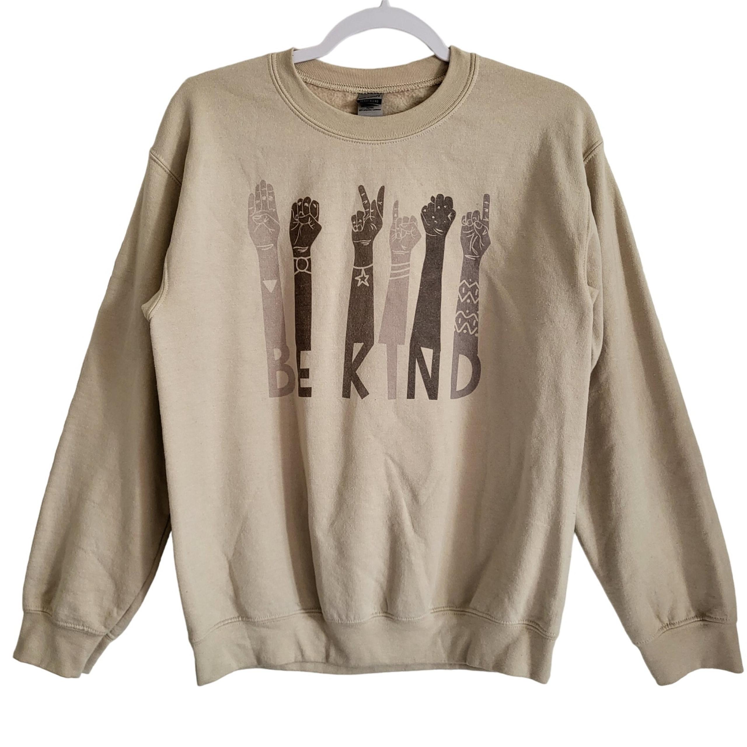 Gildan United BE KIND ASL Beige Diversity Pullover Crewneck Sweater Women’s SM