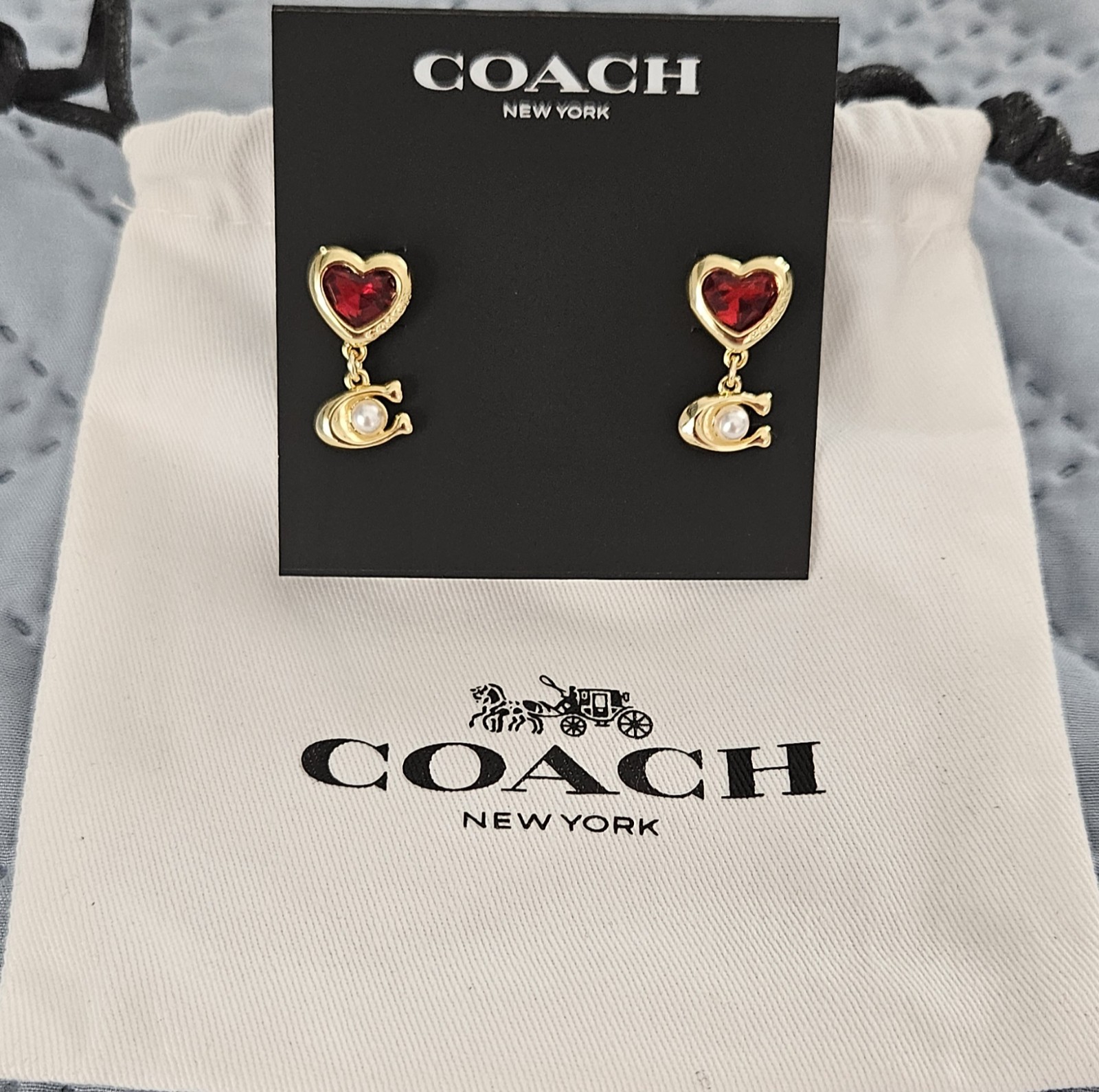 Coach Signature Heart lab created ruby drop Earrings NWT