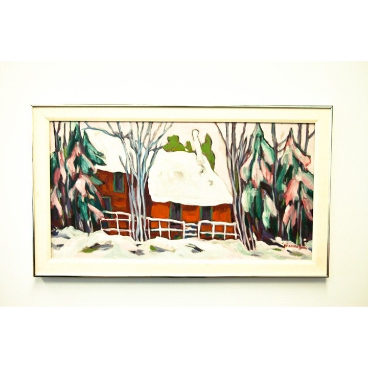 Vtg 1970's Johanna Haas Oil On Canvas Painting, Winter Street With Red House