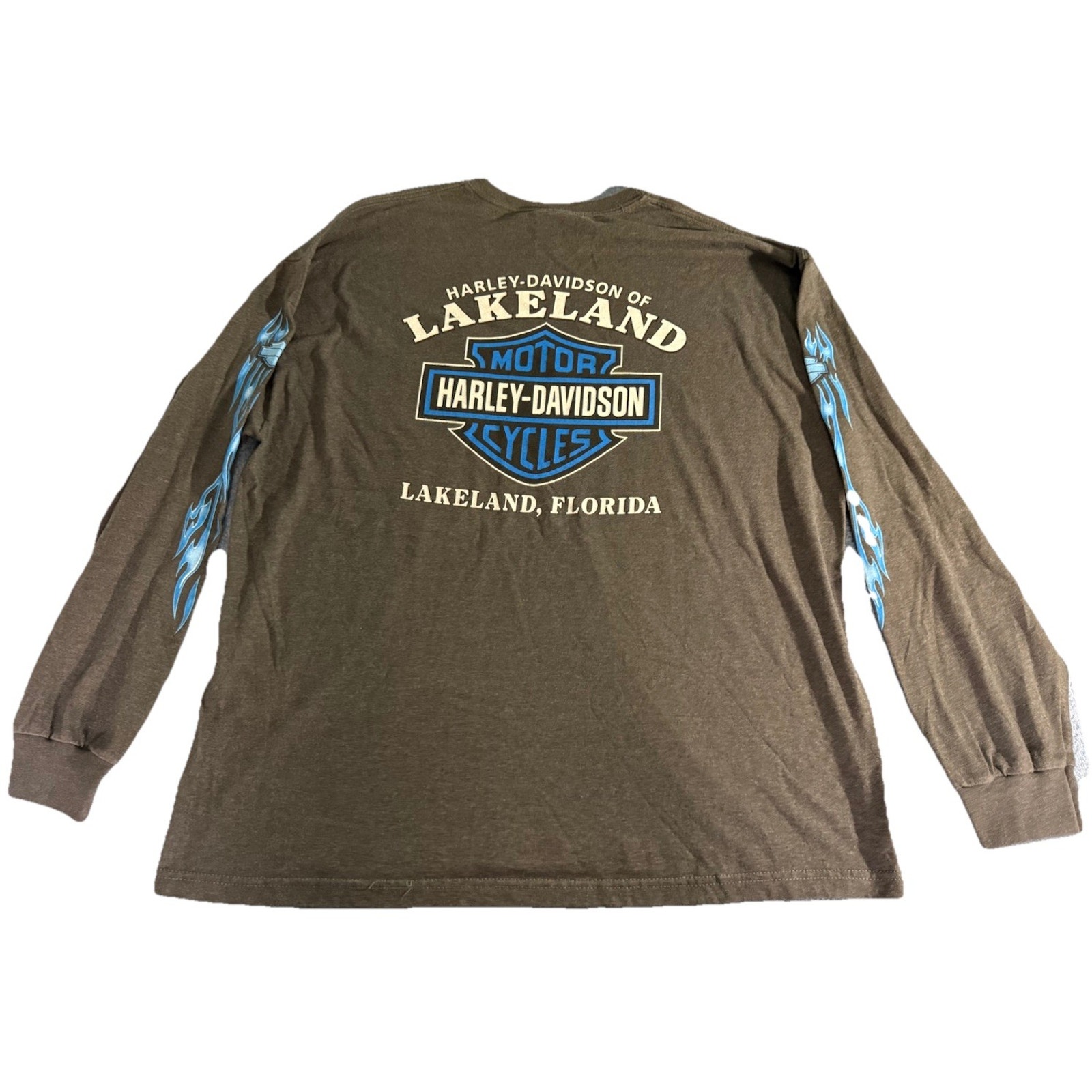 Vintage Harley Davidson Blue Flame Long Sleeve Shirt 2XL Hanes Beefy Lakeland FL