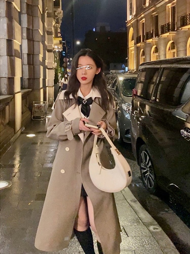Vintage patchwork 2021 Ladies Double Breasted Trench Coat classic fall winter F