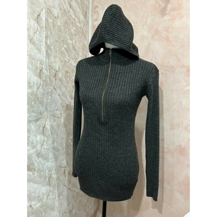 Free People Ribbed Half Zip Sweater Hoodie size S Grey charcoal