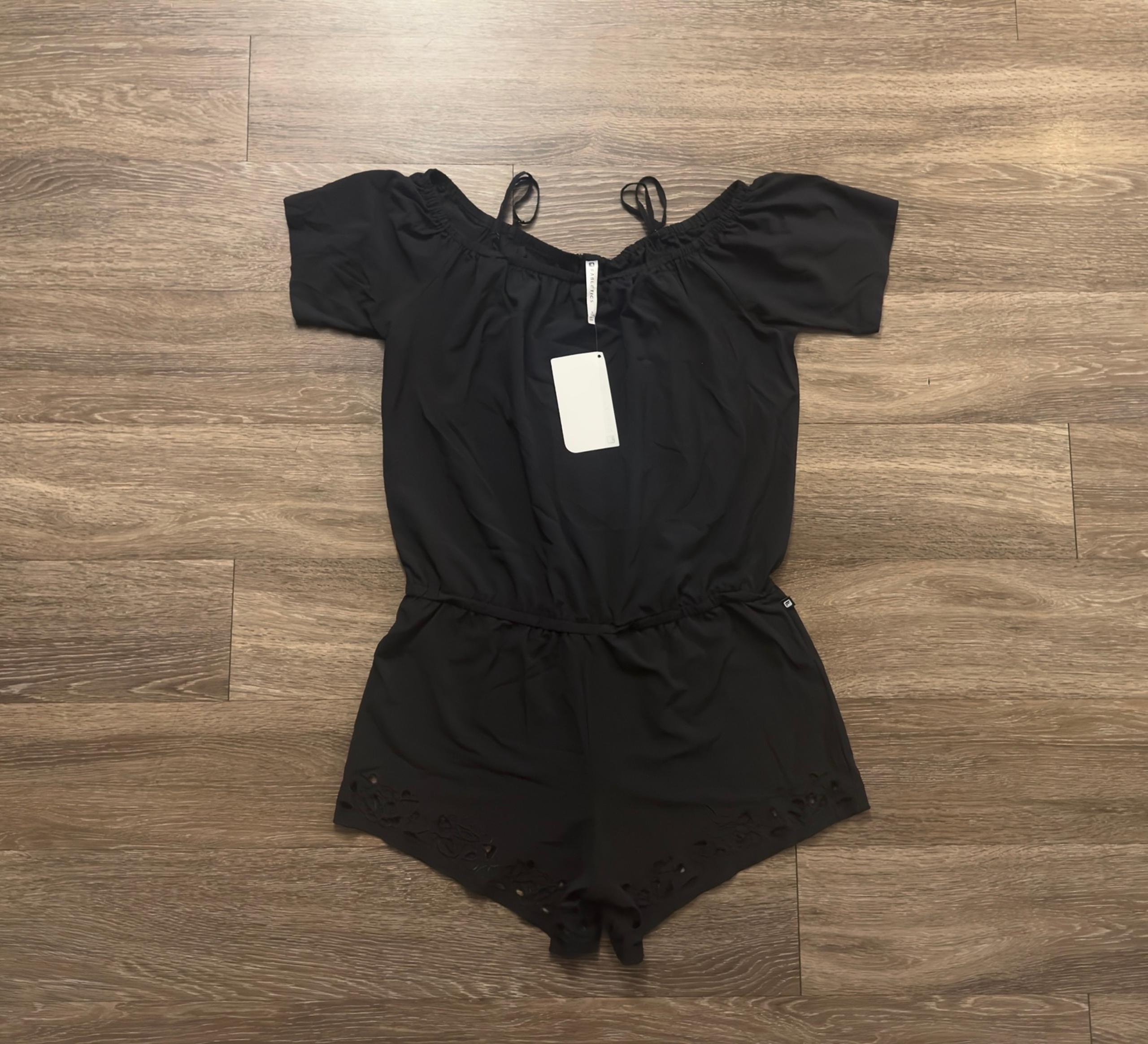 Fabletics M Women’s Black Prue Cutout Off Shoulder Romper Dress NWT