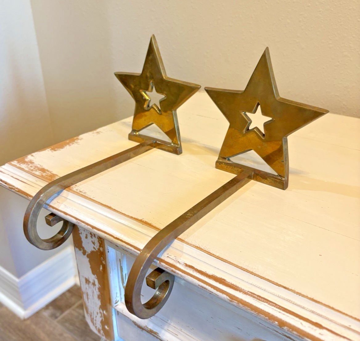 Vintage Set of 2 Solid Brass Christmas Star Stocking Holder Long Arm Used