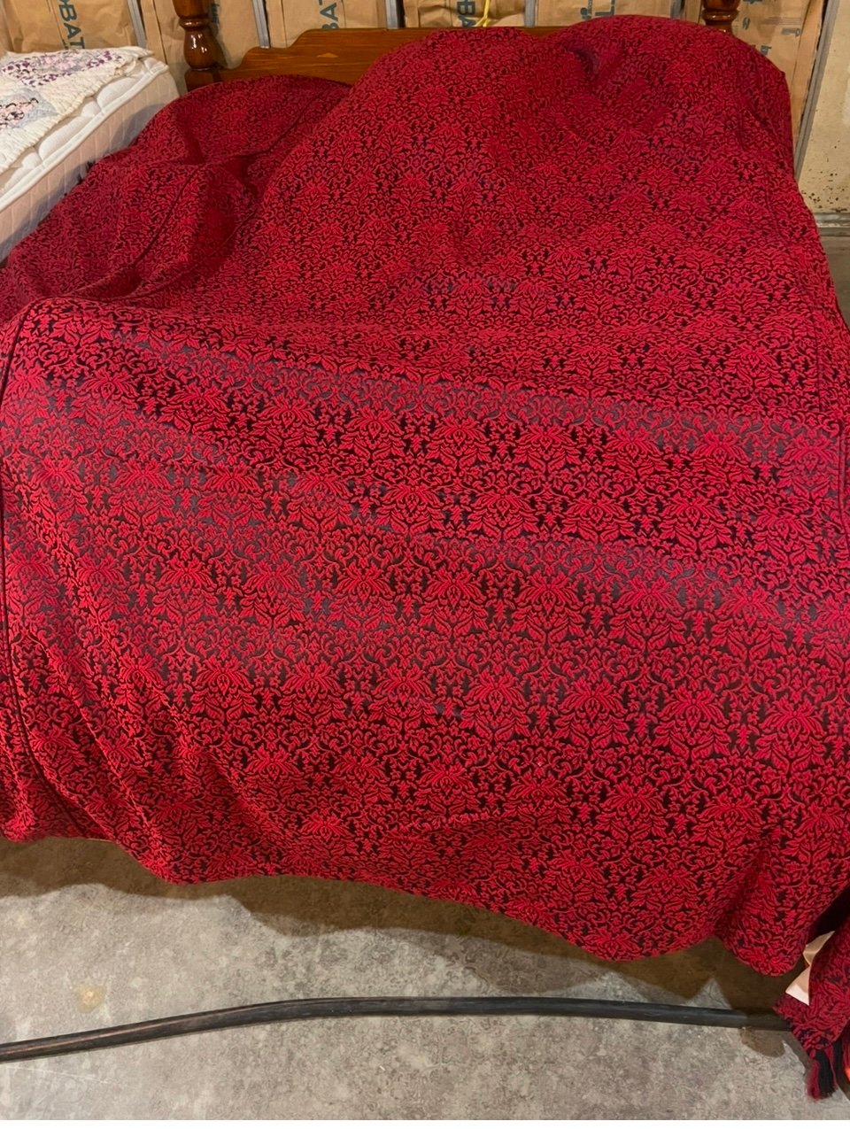 Red and BlackVintage Bedspread with Black curtain Ties and 2 small Black Pillows