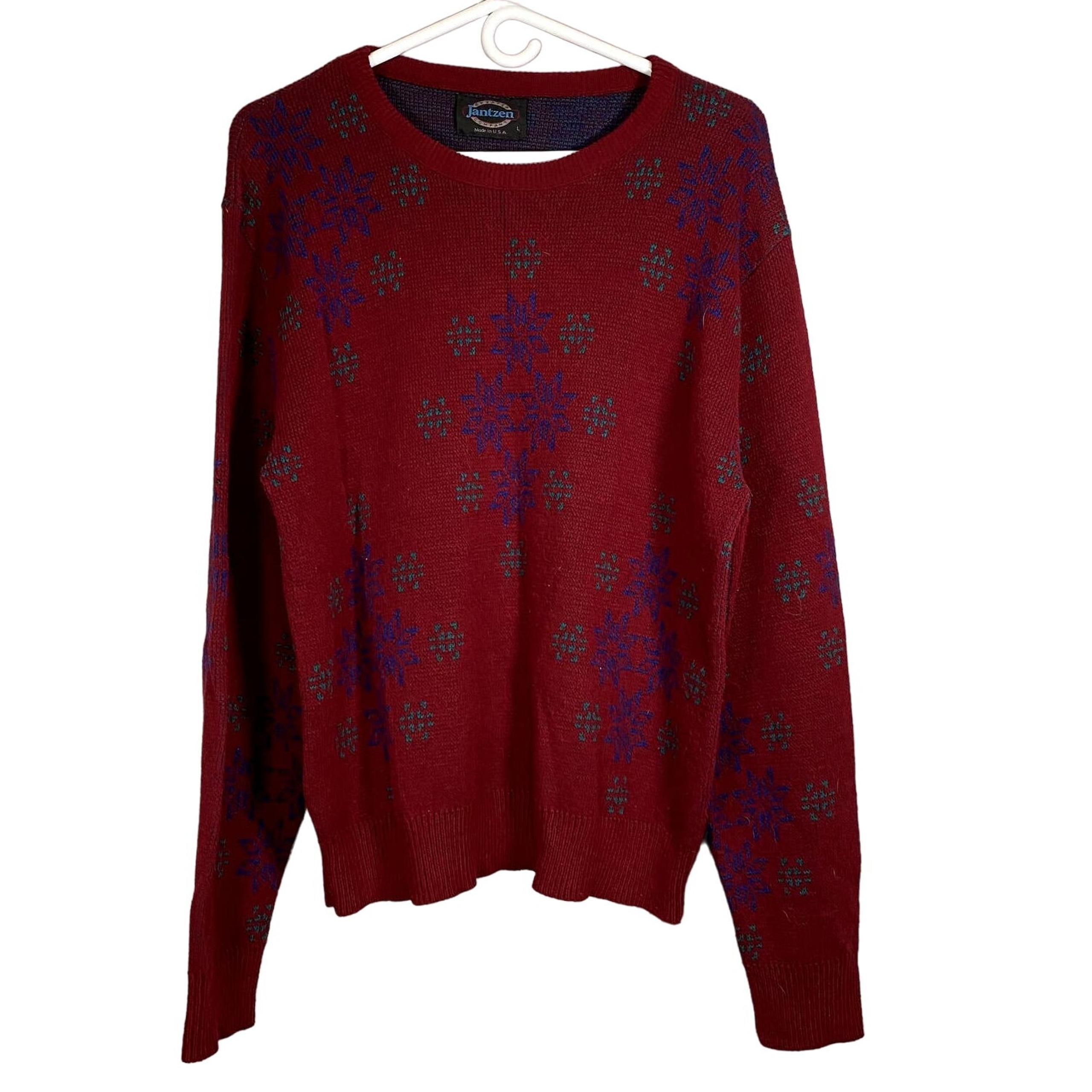 Vintage Mens Large Red Sweater Made in USA Winter Snowflakes Crew neck - Jantzen
