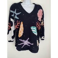 Vintage Raphels Hand Knitted Navy Seashells Sweater M Chunky Knit Pullover Beach