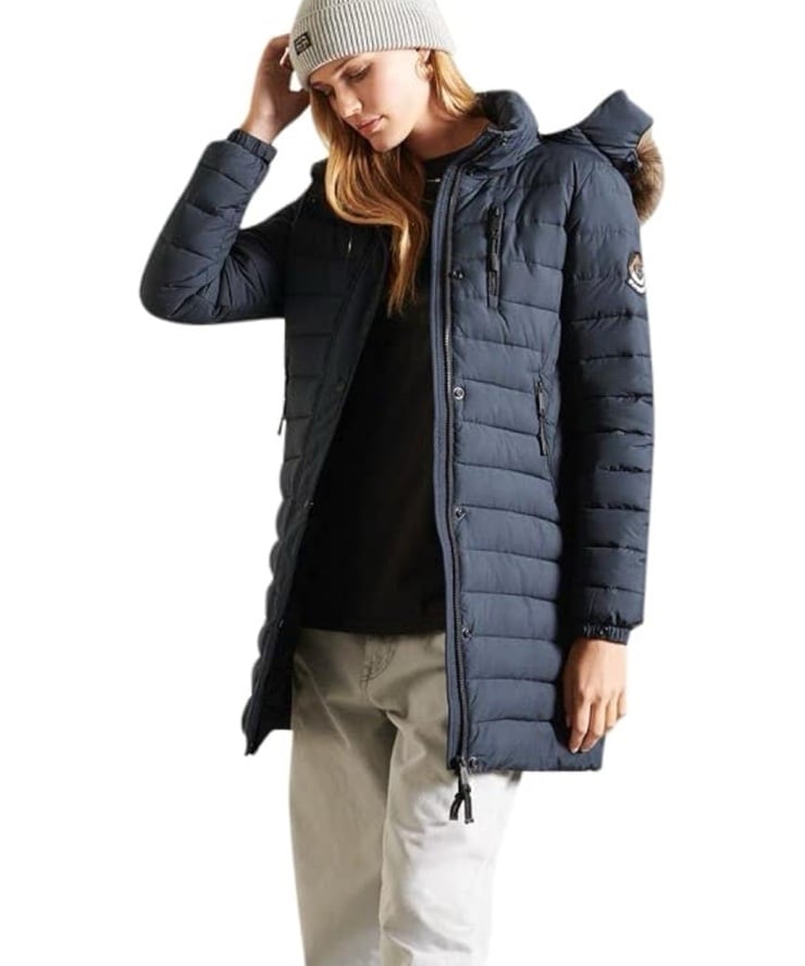Superdry Womens Fuji Hooded Mid Length Puffer Jacket, Nordic Navy Blue Quilted