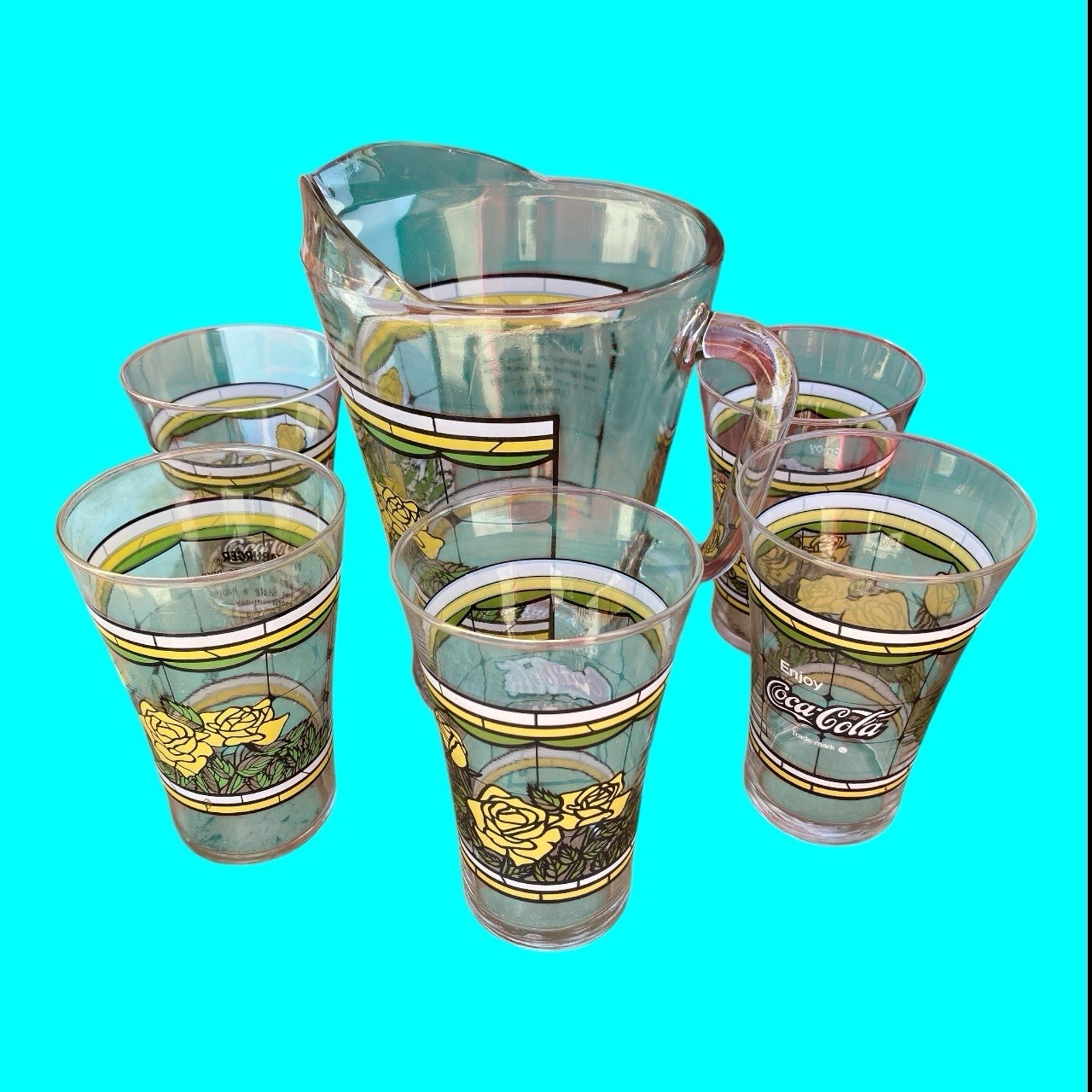 Vtg Whataburger Coca Cola Pitcher & 5 Glasses Texas 150th Birthday Yellow Roses