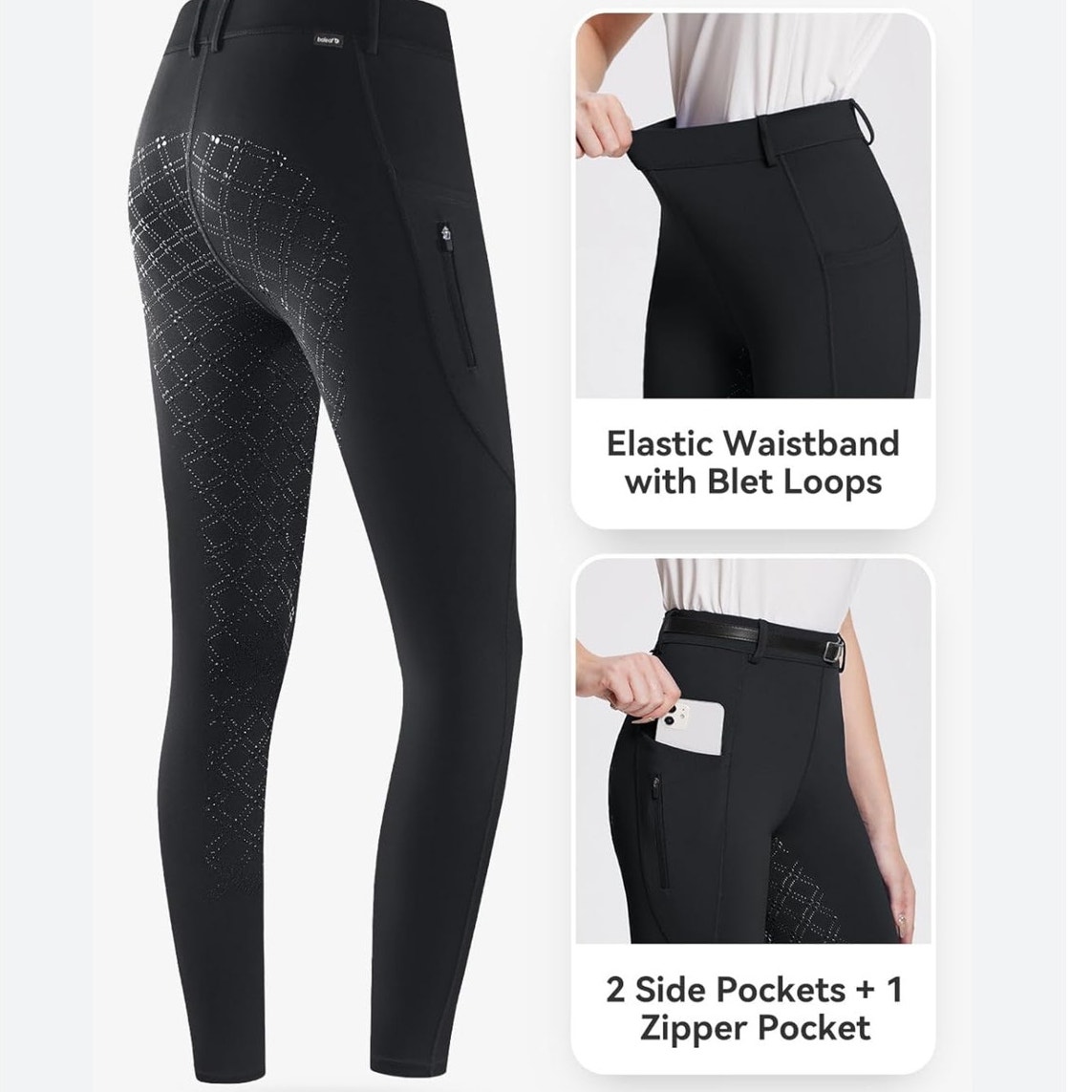 BALEAF Women's Full Seat Horse Riding BREECHES Silicone Grip Zip Pockets Small