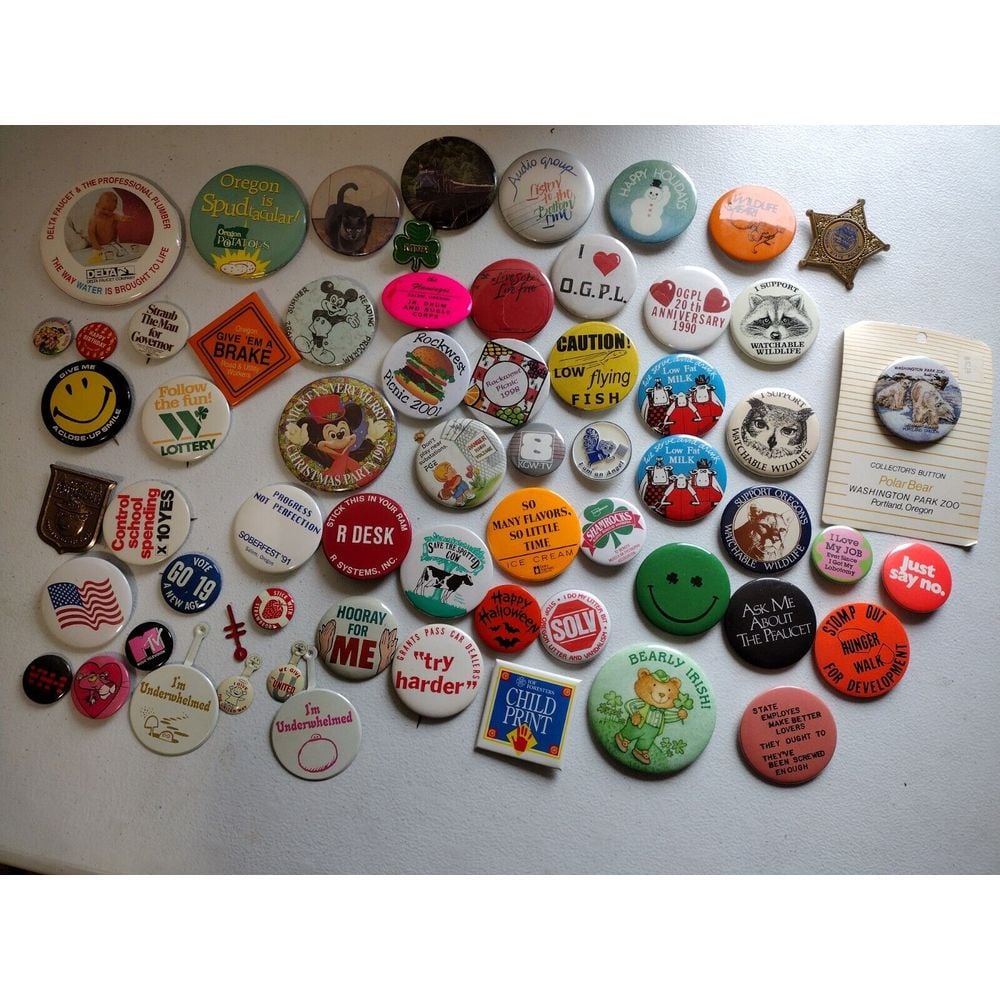 Large Lot of Over 60 Vintage Pinback Buttons Various Sizes and Years