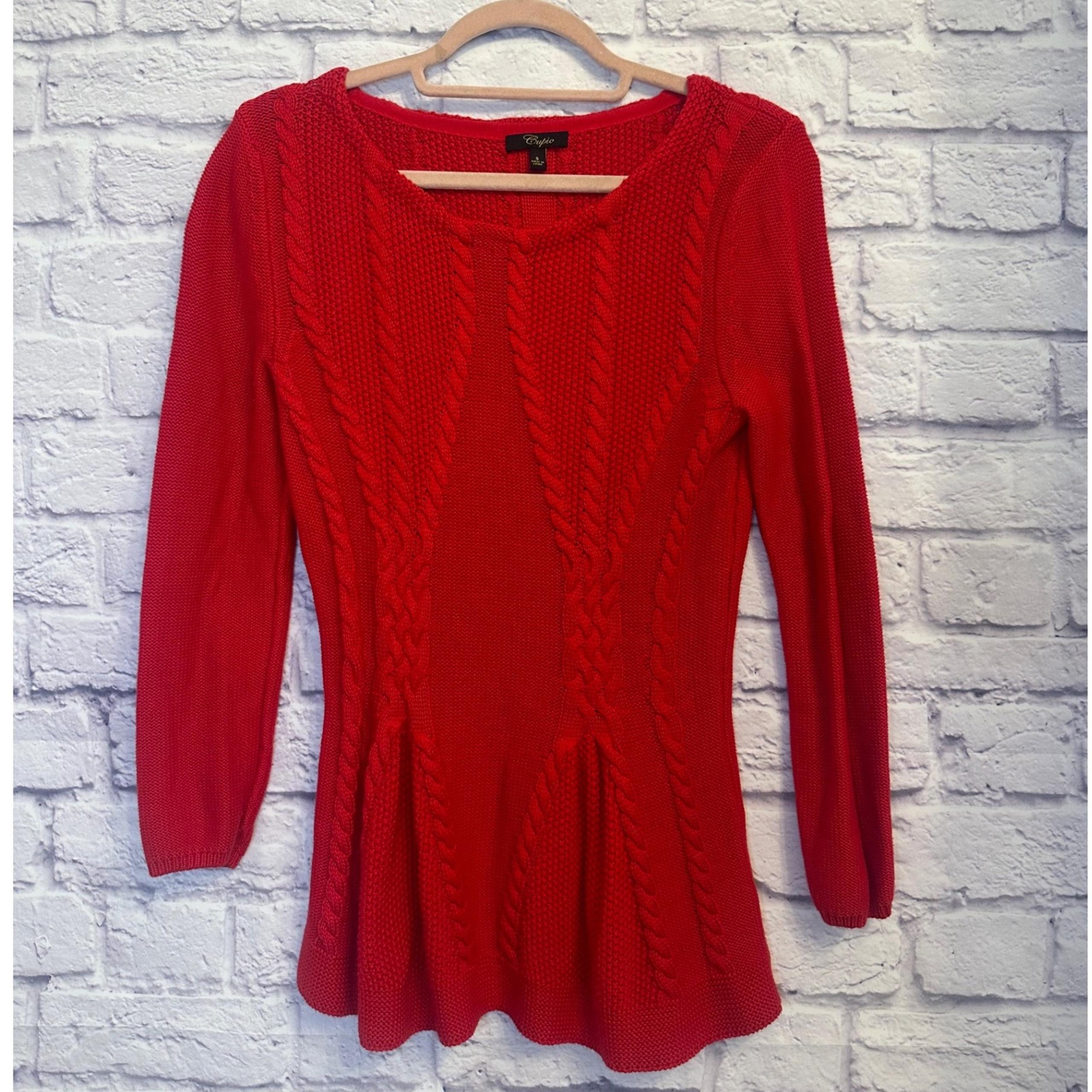 Cupio Knit Peplum Top Cable Knit 3/4 Sleeve Red Sweater Small