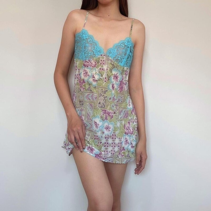 Vintage Victoria's Secret VS Floral Chiffon Lace Sheer Mini Slip Dress Medium