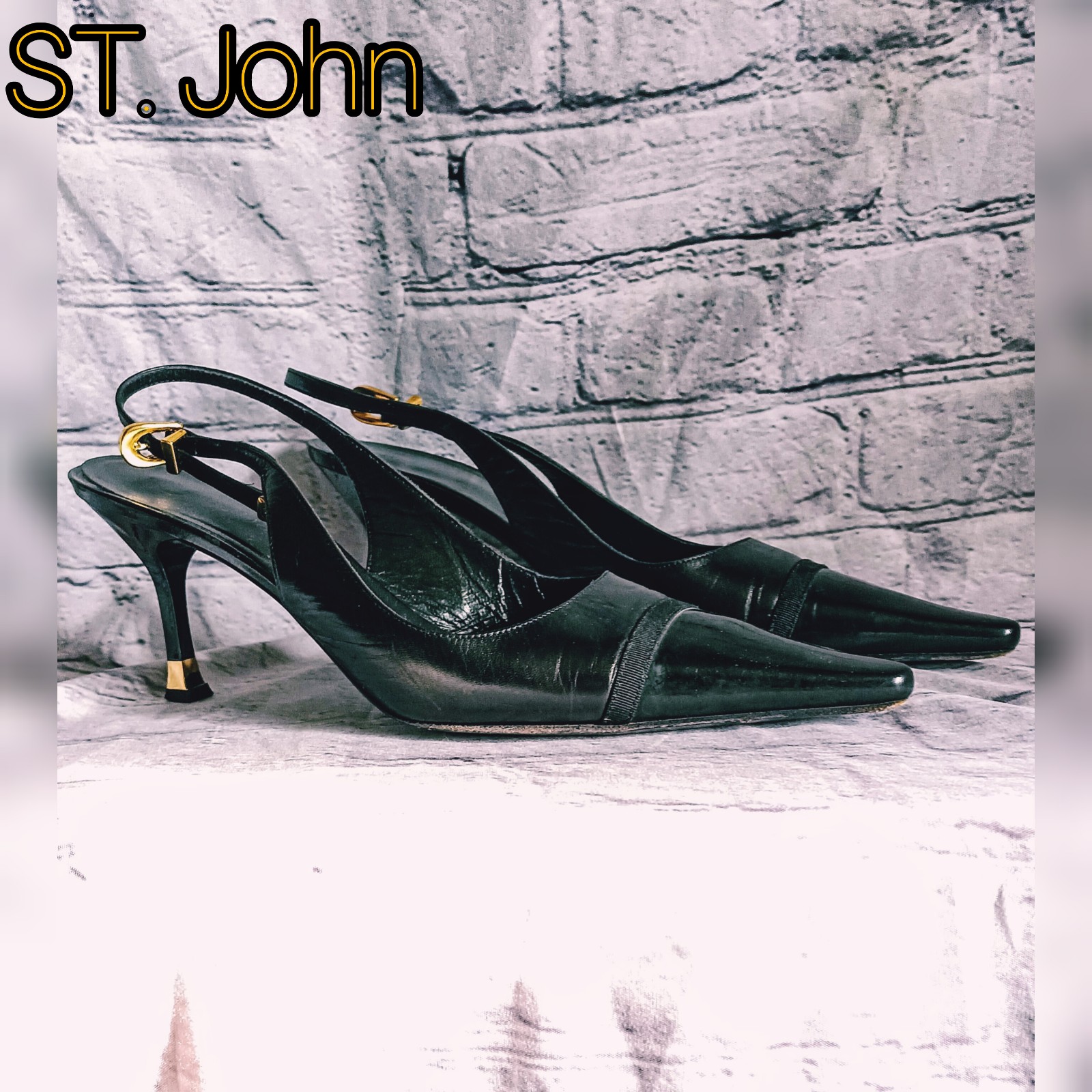 St. John leather low kitten heel sling back strap