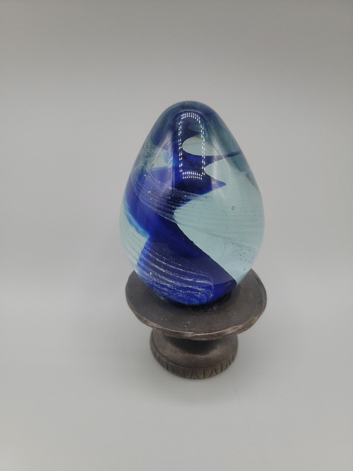 Blue Spiral Egg Art Glass Hand Blown on a Metal Base