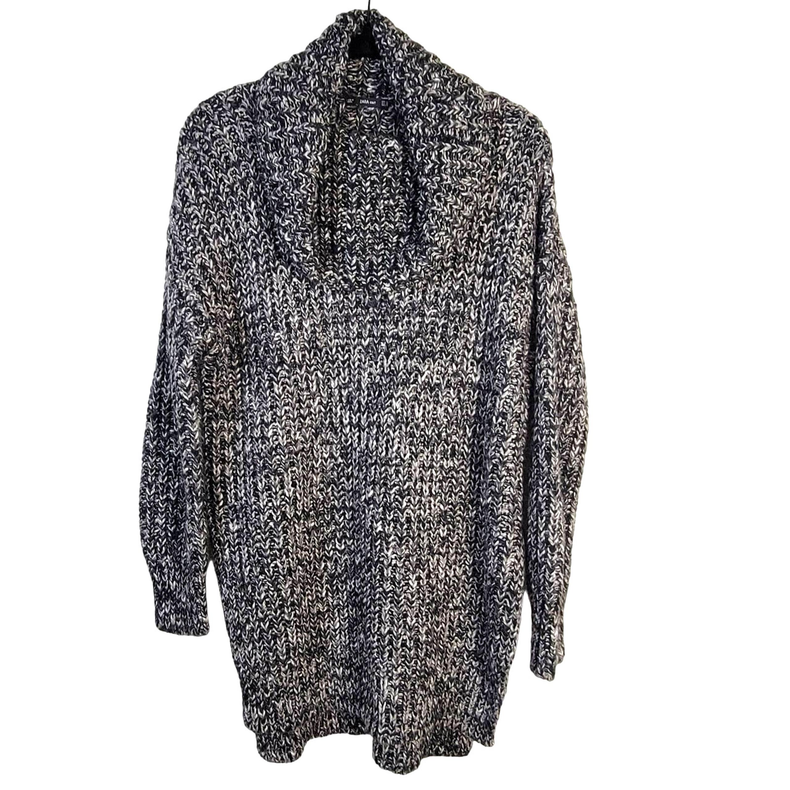 Zara Knit Cowl Neck Sweater Women's M Black White Marled Chunky Long Line Cozy