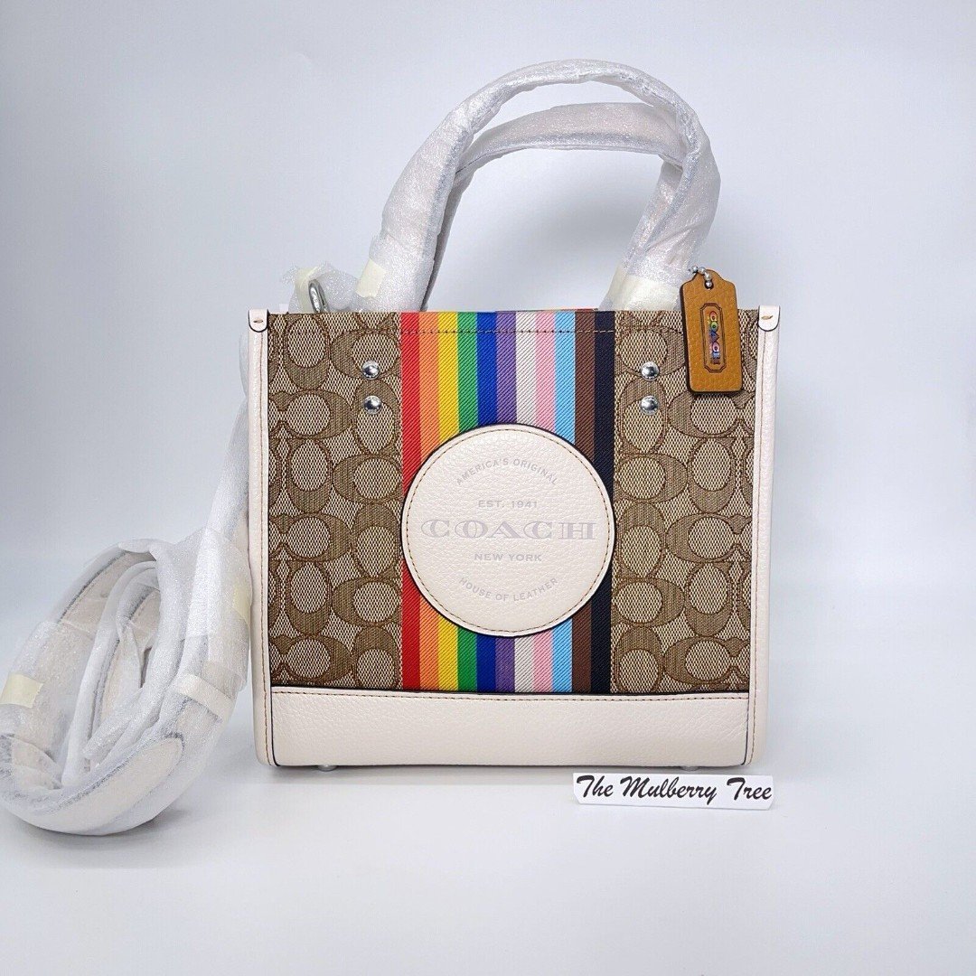 Coach CJ576 Dempsey Tote 22 Khaki Signature Jacquard Rainbow Stripe NWT 398