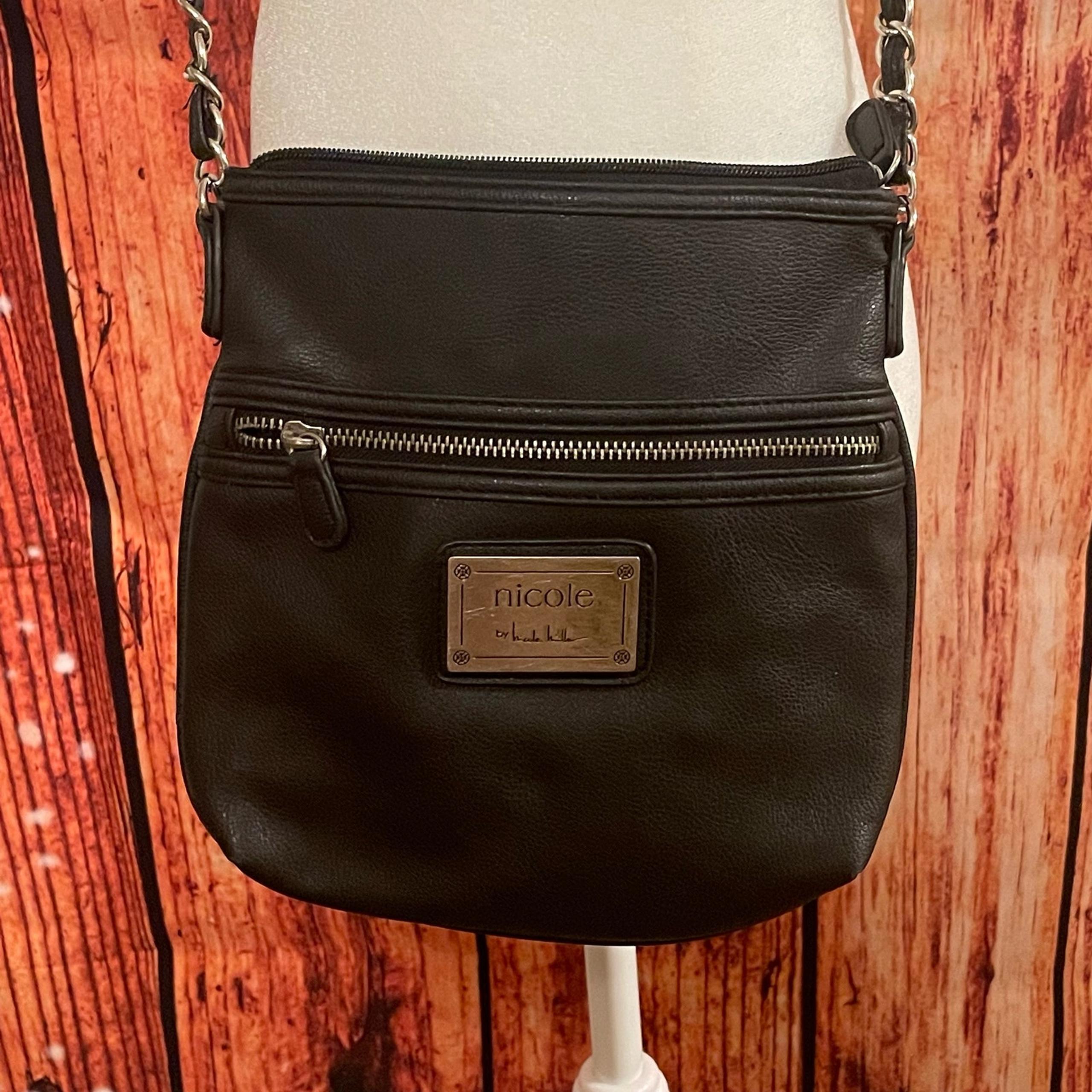 SALE!! Nicole by Nicole Miller black leather crossbody purse chain detail