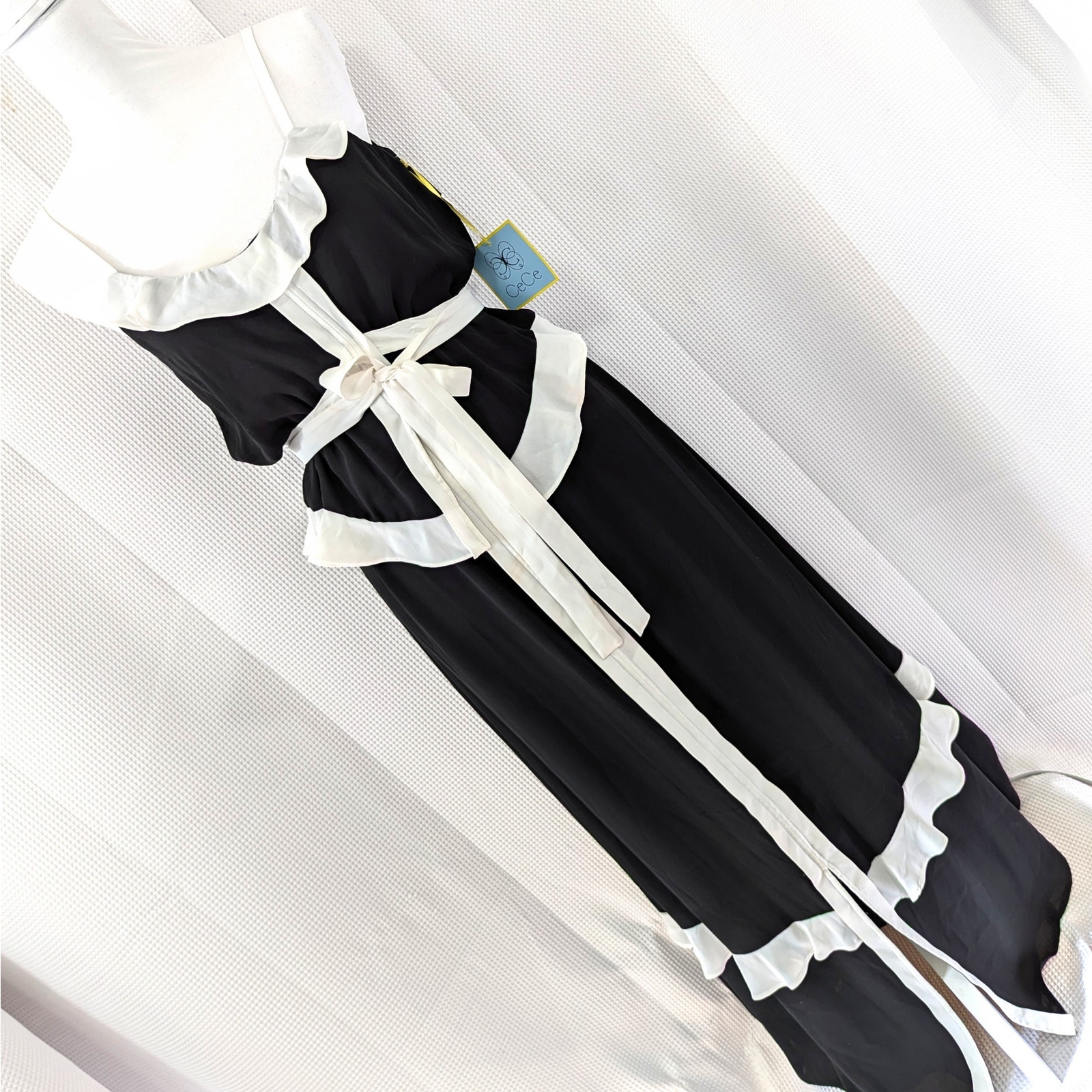 NWT@149! CECE BLACK, CREAM RUFFLED FULL LENGTH SPAGHETTI STRAP DRESS GOWN! SZ 4