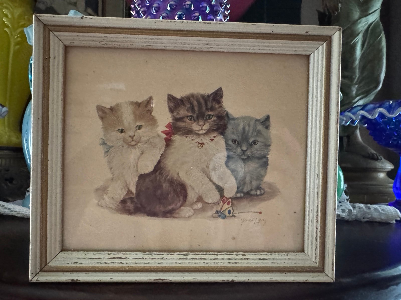 Vintage Framed 3 Kittens Print by Grace Lopez