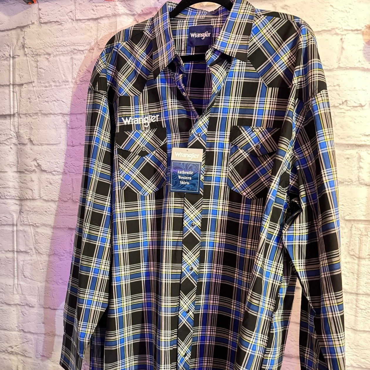 WRANGLER AUTHENTIC WESTERN BLUE PALAID SHIRT WITH BLACK PEARL SNAPS SZ 2XLT NWT