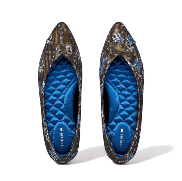 Birdies The Goldfinch | Blue Floral Needlepoint Flats