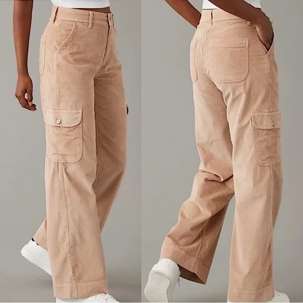 NWOT American Eagle Stretch Super High Rise Baggy Wide Leg Corduroy Cargo Sz 14