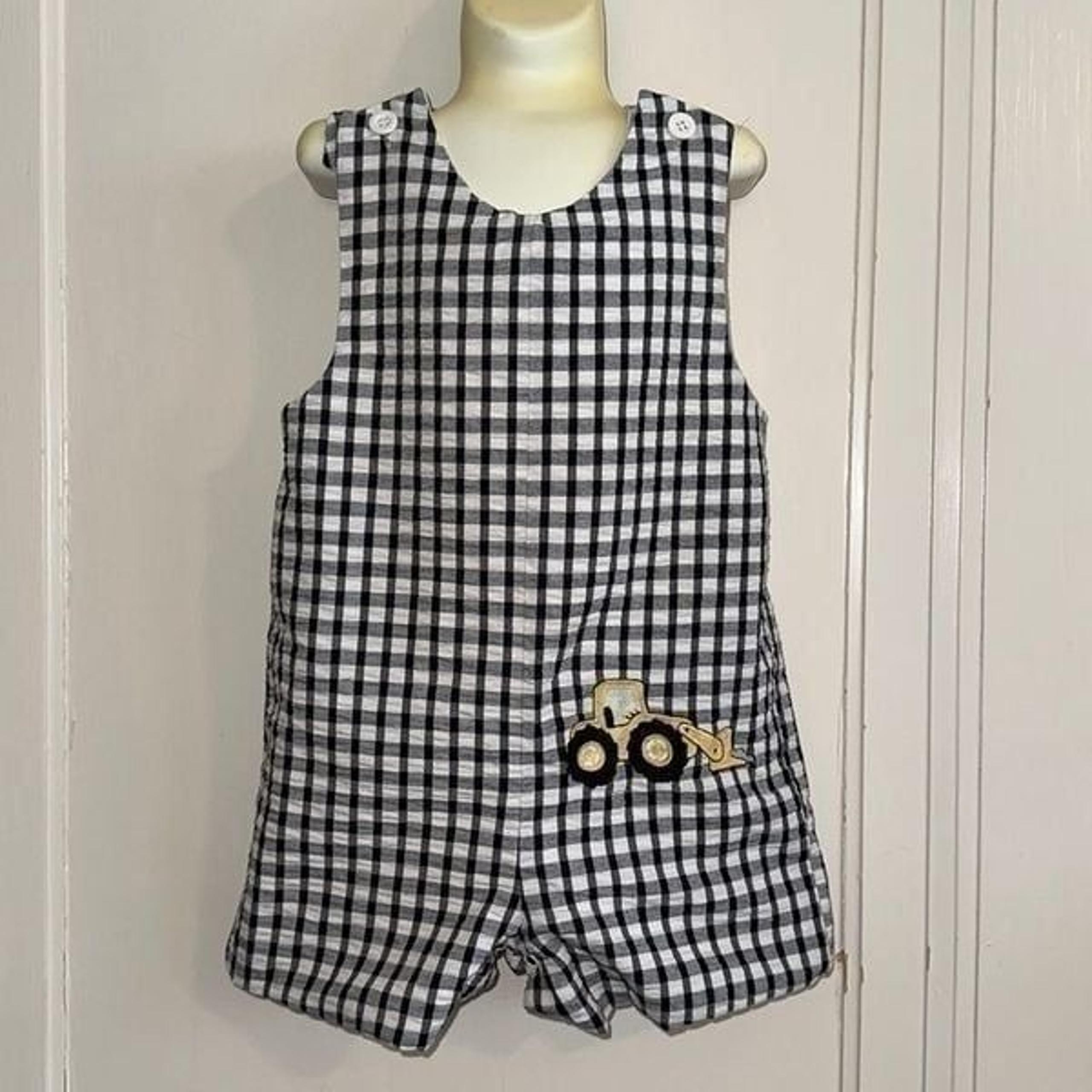 Vtg Kelly’s Kids black & white check summer romper/shortalls/front end loader