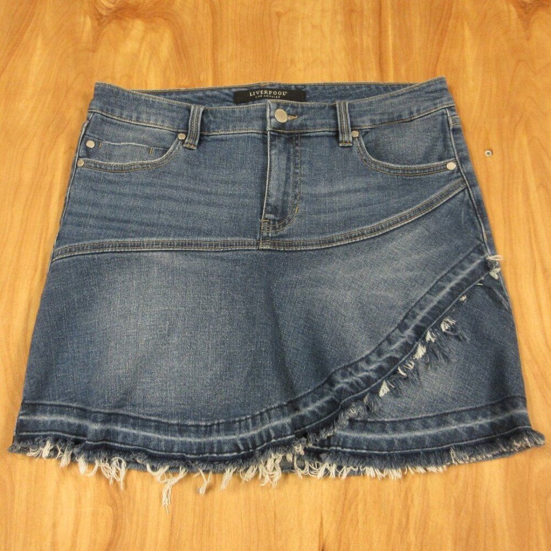 LIVERPOOL Ruffle Denim Jean Skirt Sz 8 Frayed Raw Let Down Hem Saddle Ridge Blue